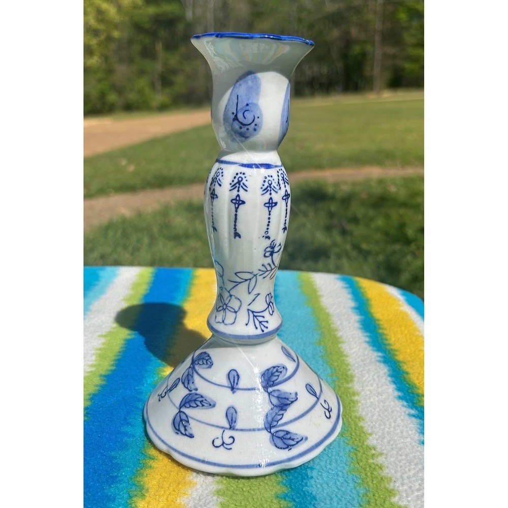 Vintage Wah Yan Porcelain Candlestick Holder OS Blue White Floral Hand Painted